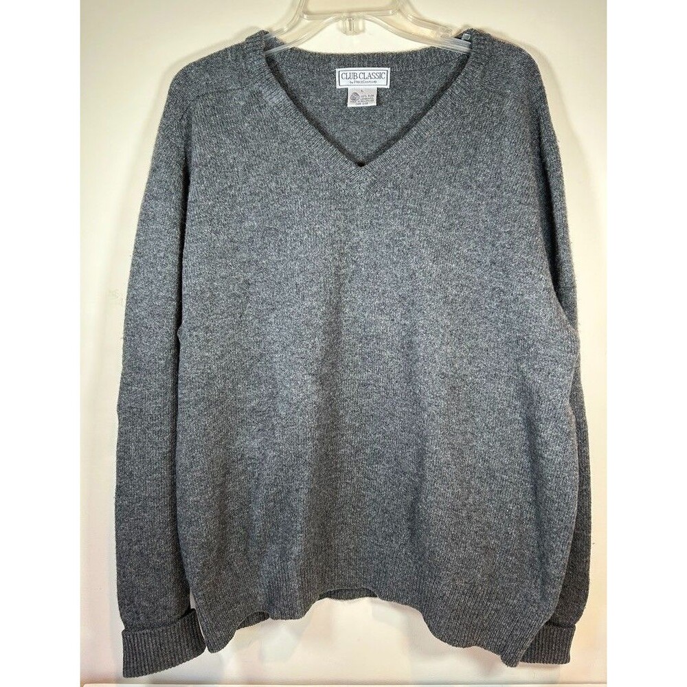 Club Classic Sweater Mens Large Gray 100% Percent Lambswool Pullover V Neck Warm